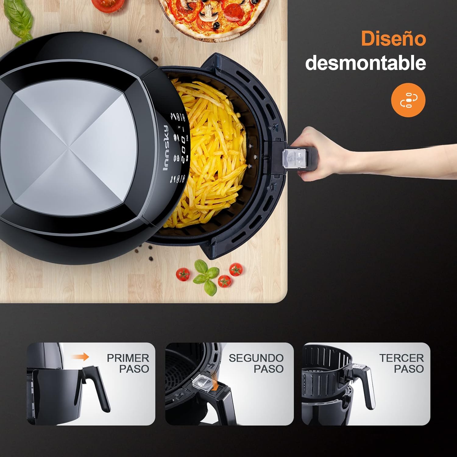 Diagramma che mostra tre passaggi per staccare il cestello della friggitrice ad aria Innsky dal suo supporto