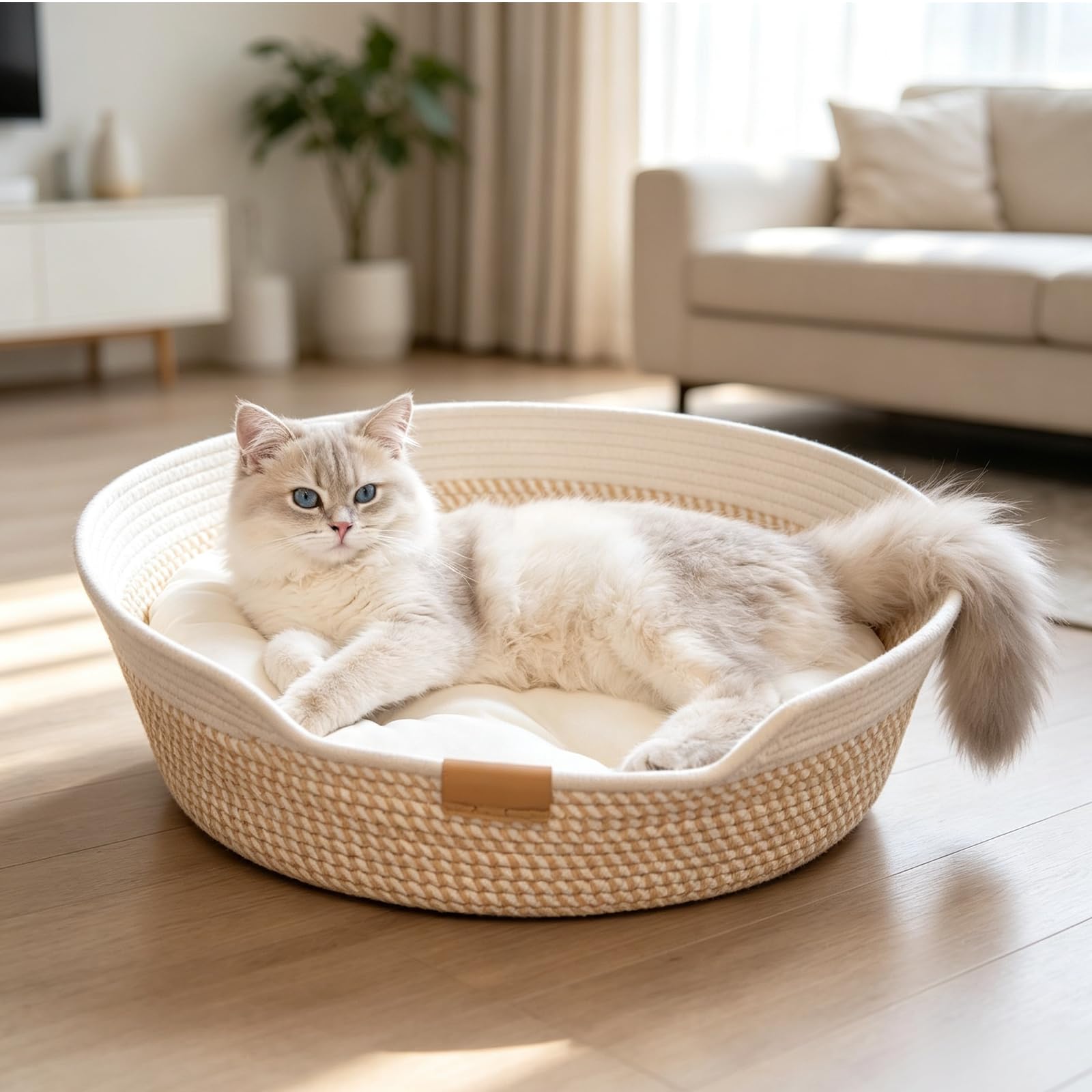 Nid pour Chat, Panier Tressé pour Chat, Cotton Corde Panier, Lit Douillet De Qualité Supérieure, Respirant Lavable pour Tous Les, Toutes Saisons, Universel, 50 * 15cm, Gris Et Kaki