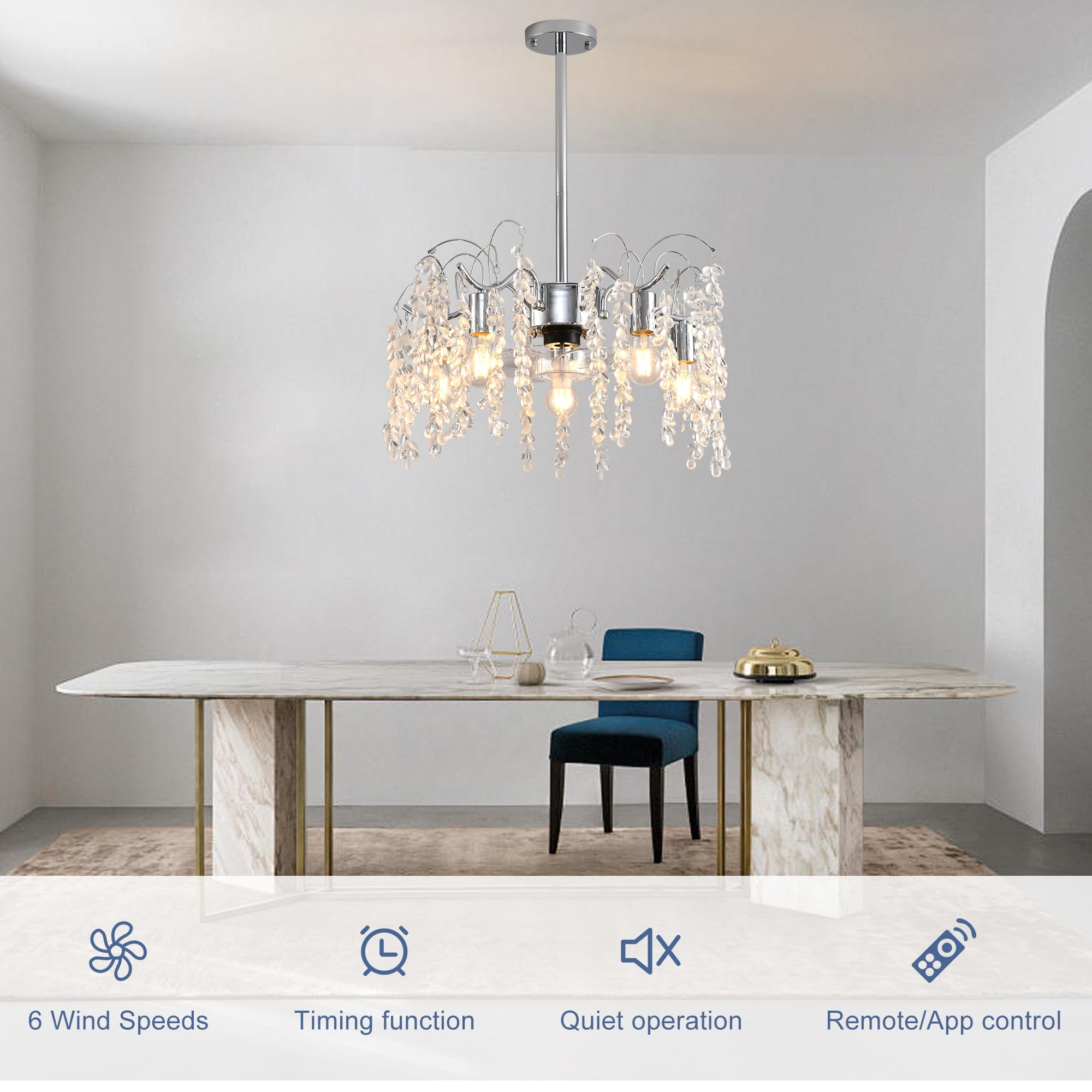Ganeed Ventilatore da soffitto Cristallo con Luci e Telecomando Lampadario Moderno Lampada a Sospensione 6 Velocità Vento per Camera da Letto Cucina Soggiorno Foglia di Salice 4 Luci