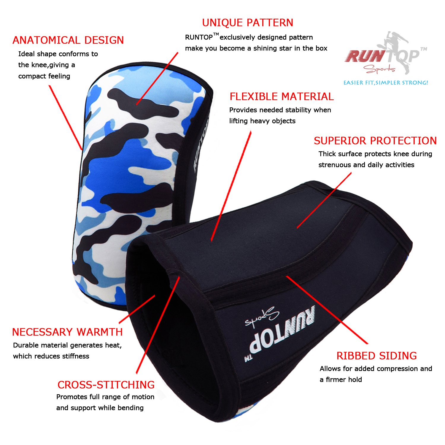 RUNTOP Knee Sleeves(1 PAIR) 7 mm Neoprene Knee Supports Pain Compression Brace Cap for Squats Cross Fitness Training WODS Weightlifting Powerlifting Knee Pads For Men Women Kids (M, Yellow Leopard)