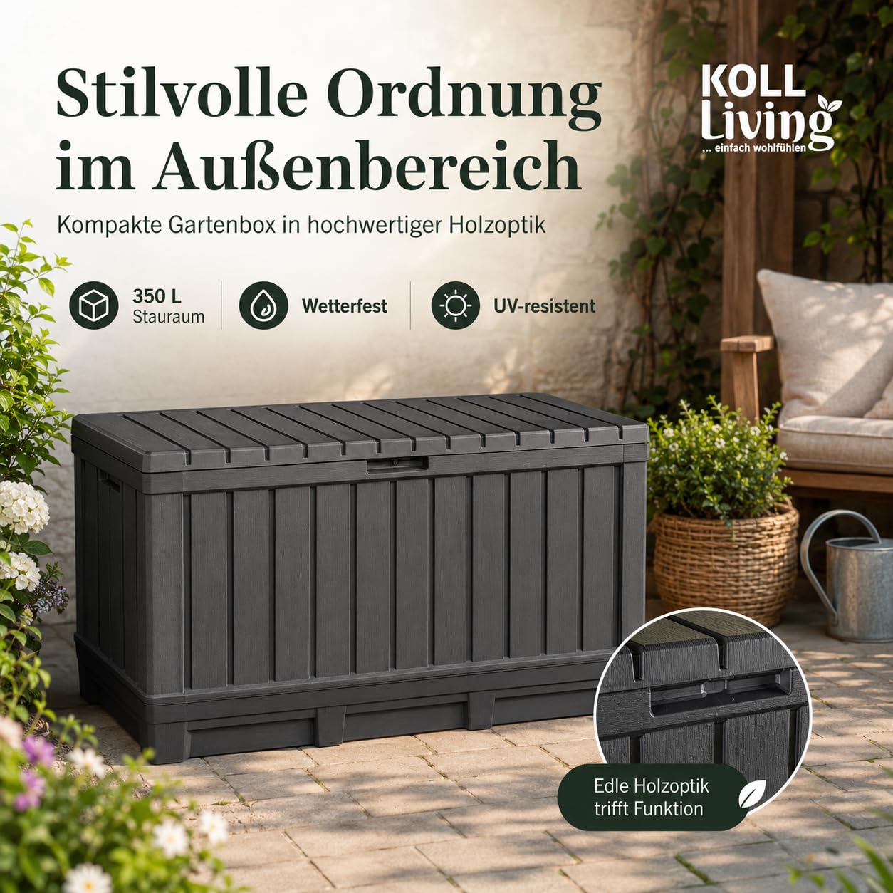 Koll Living Kentwood - Scatola da giardino da 350 litri, colore antracite, con funzione di seduta per cuscini, attrezzi da giardino o giocattoli per bambini, impermeabile e ben ventilato