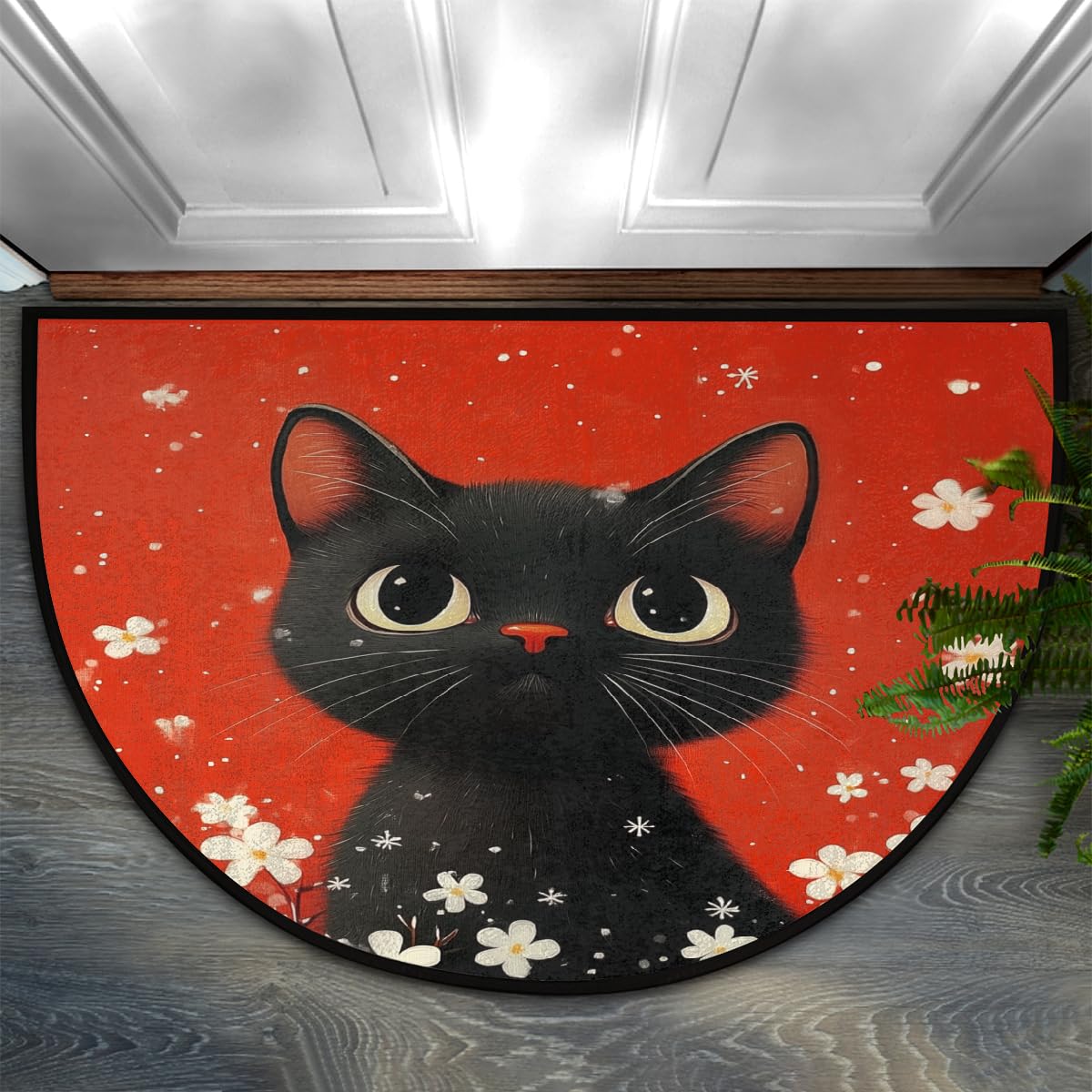 Mexpekil Semi Circle Door Mat, Cute Black Cat Red Non-Slip Half Moon Entrance Rug, Washable Front Welcome Mat for Indoor Outdoor Kitchen Bedroom Patio