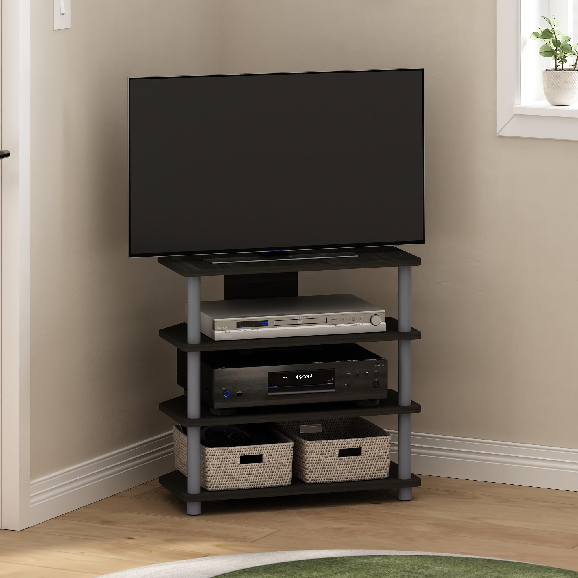 Furinno Turn-N-Tube Easy Assembly 4-Tier Petite Entertainment Center / TV Stand / TV Unit / TV Desk, Espresso/Grey