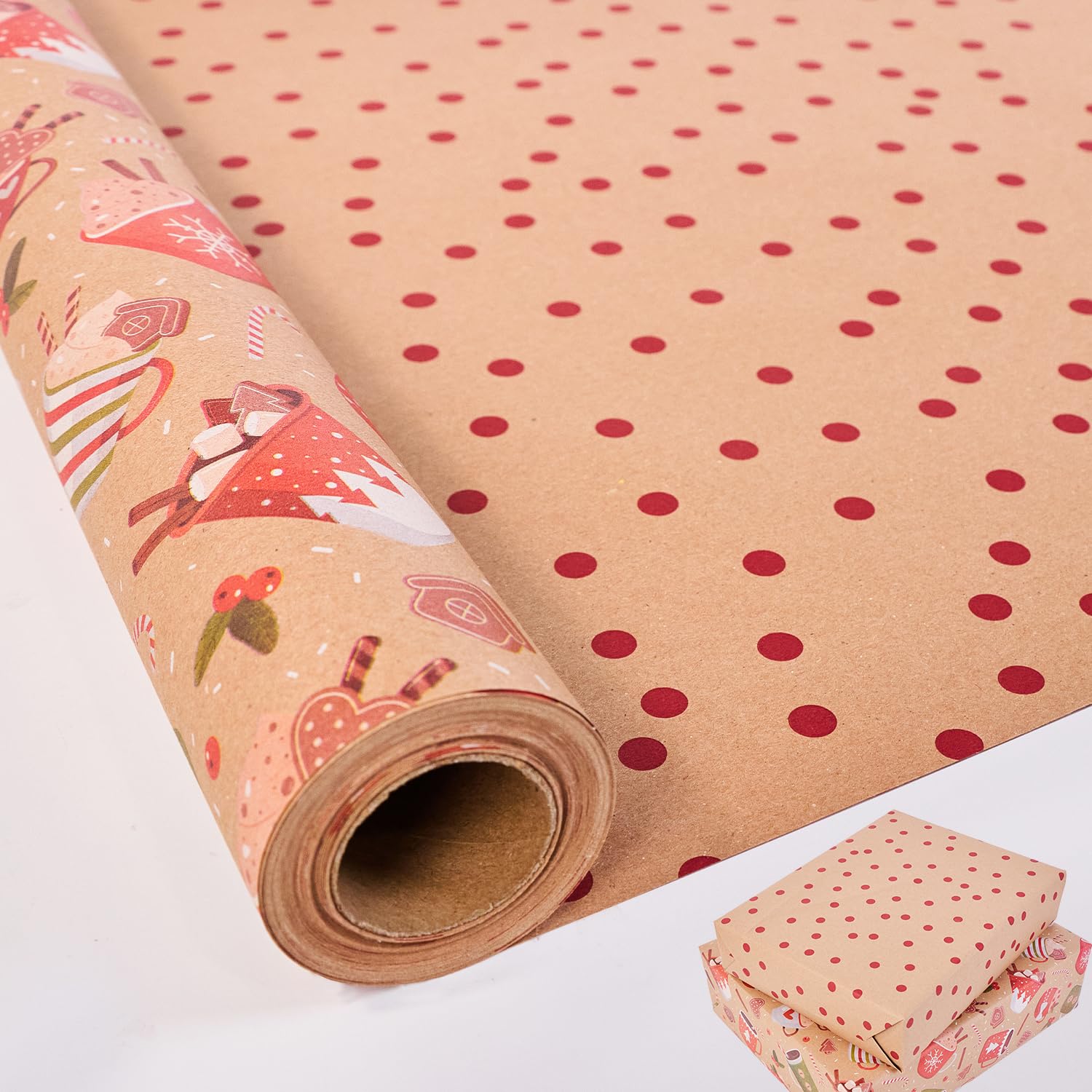 HBell Reversible Chirstmas Wrapping Paper Roll,Double-sided Xmas Wrapping Paper,Brown Kraft Gift Wrapping Paper for Christmas Decoration Party DIY Carft,43cm*10m
