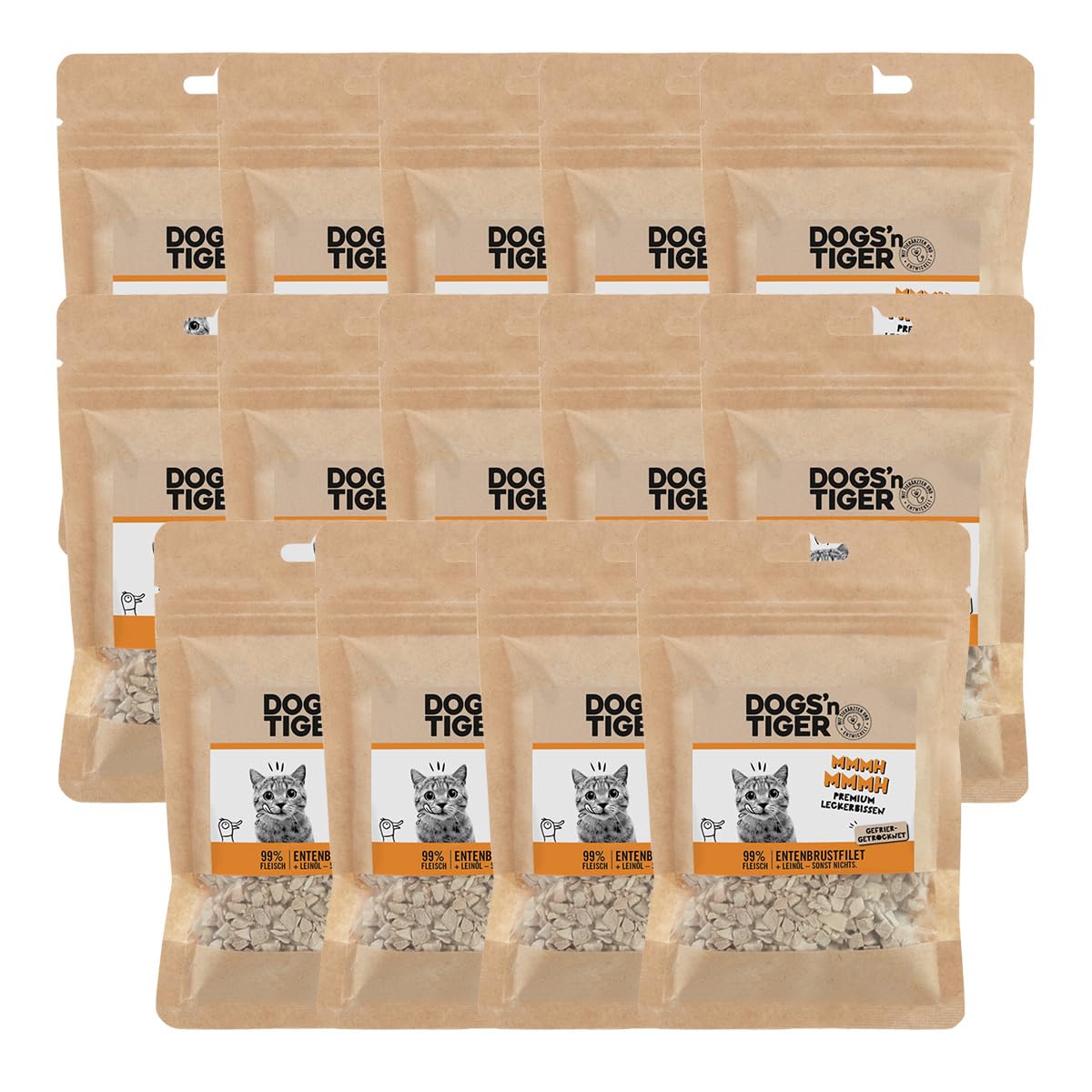 Dogs'n Tiger Adult Gatos Snacks Mmmh mmmh Pato, golosinas de 99% de Carne, sin azúcar, Cereales y sabores Artificiales, Bien tolerado liofilizado de pechuga de Pato, 14 x 30 g