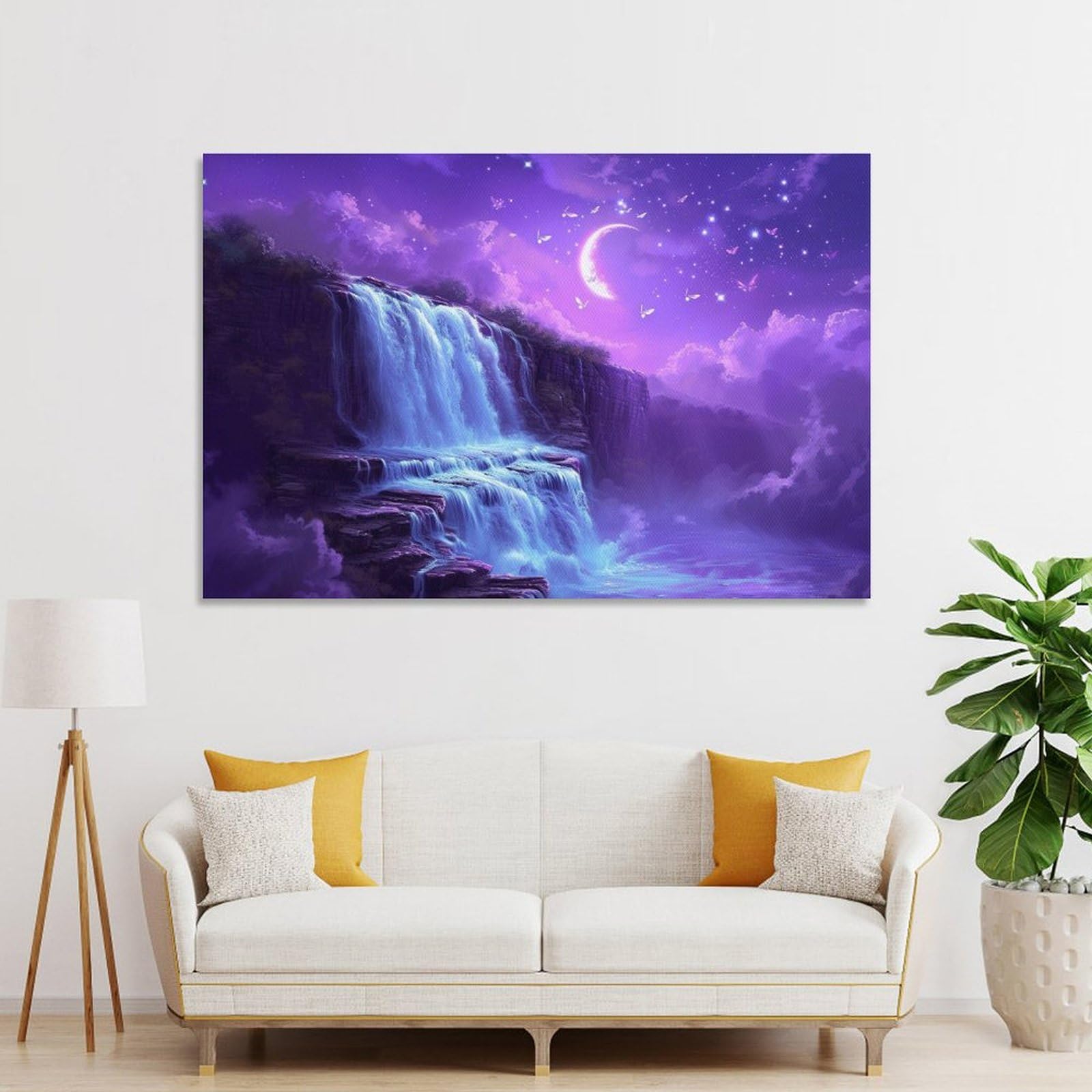 Amazon.co.jp: 絵画 紫の月明かりの下で美しい滝 アートパネル