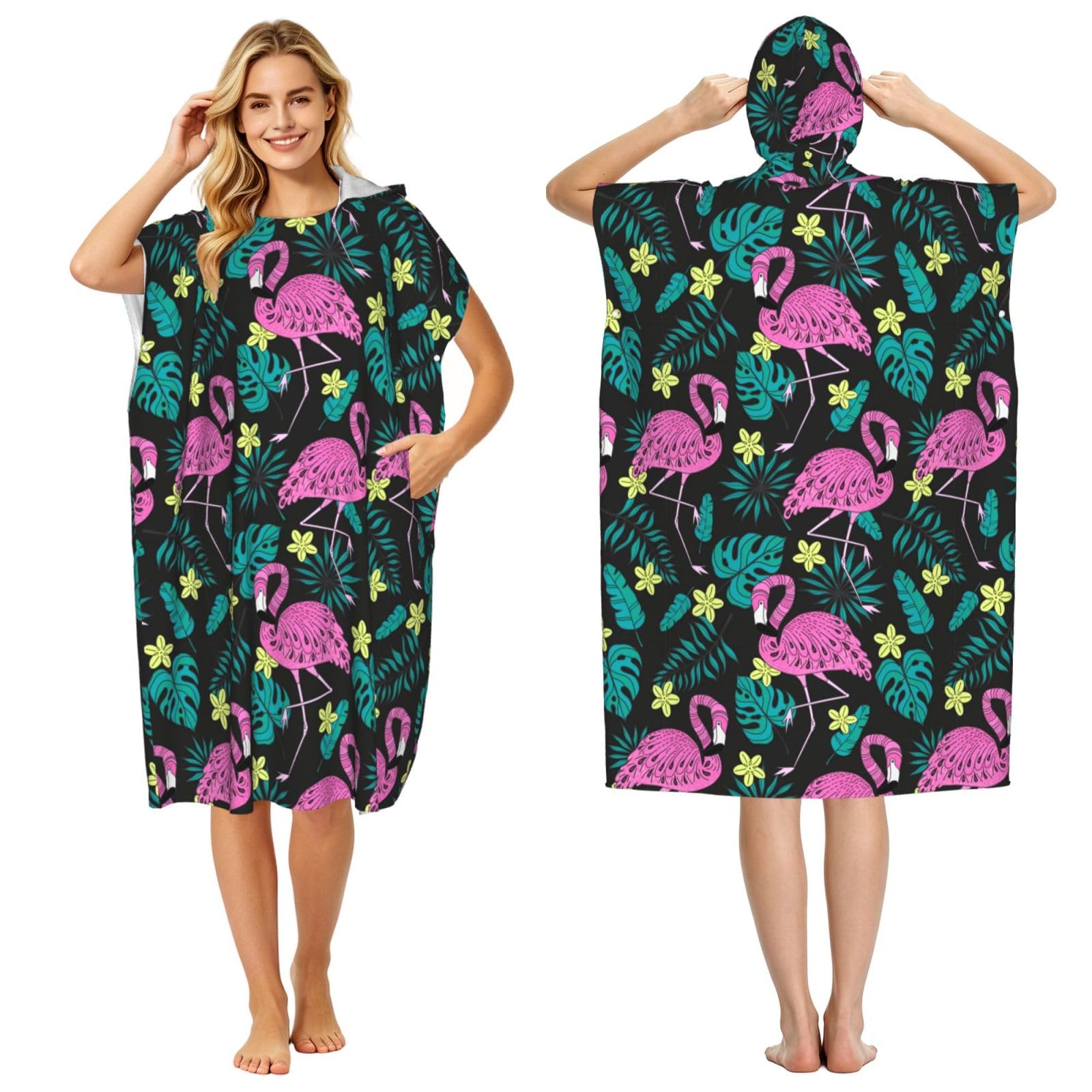 Noble Ren Flamingo Pattern Adult Hooded Beach Towel Swimming Cover Outdoor Wearable Towels Bath Bathrobe Cape Quick Drying