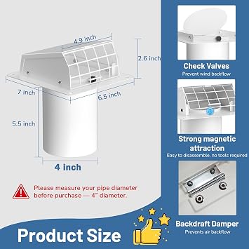 4 Inch Dryer Vent Cover Outside, Galvanized Steel Exterior Hooded Wall Vent Cover with Removable Screen & Cushioned Backdraft Flap, Exhaust Vent for House Through-Wall Dryer Vent Kit (White - 4 Inch)