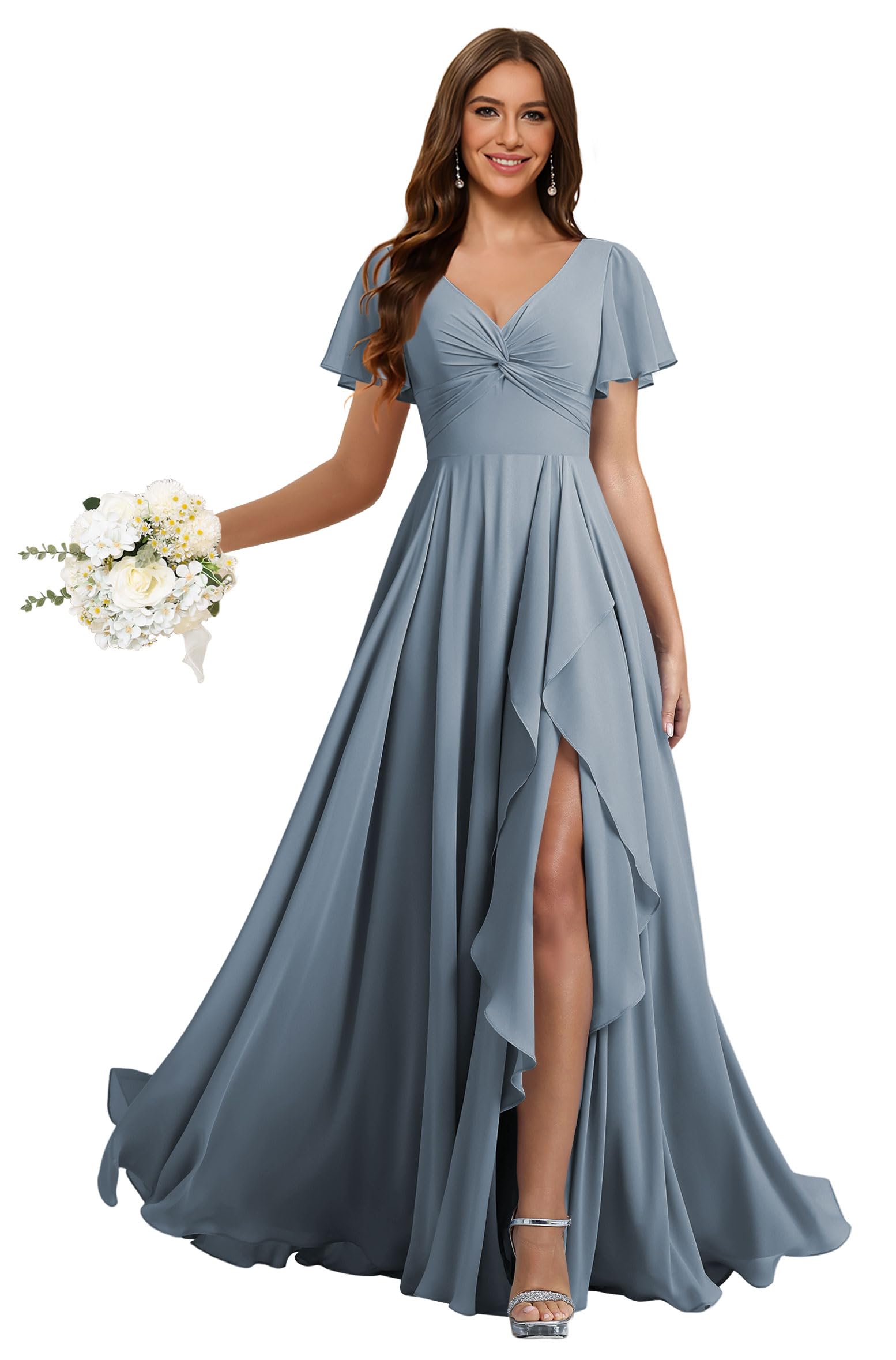 Womens Short Sleeve Pleated Chiffon Bridesmaid Dresses Long Formal Evening Dress AS006