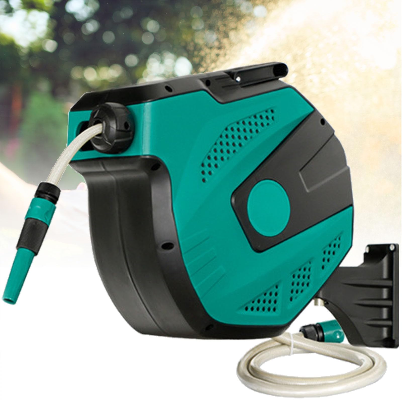 Avvolgitubo retrattile da giardino, montaggio a parete, con riavvolgimento automatico, girevole a 180°, con manico e 2 ugelli