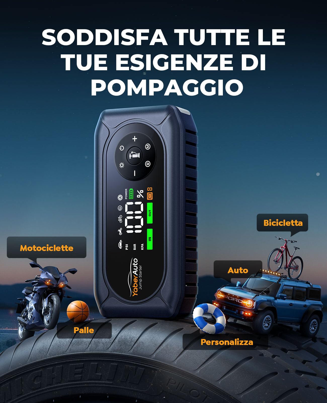 Avviatore Emergenza per Auto 7500A con Compressore 150PSI, YaberAuto Booster Avviamento Auto per Tutti Gas/8.0L Diesel, 12V Starter Batteria, Guanti isolanti, 800 lumen Torcia
