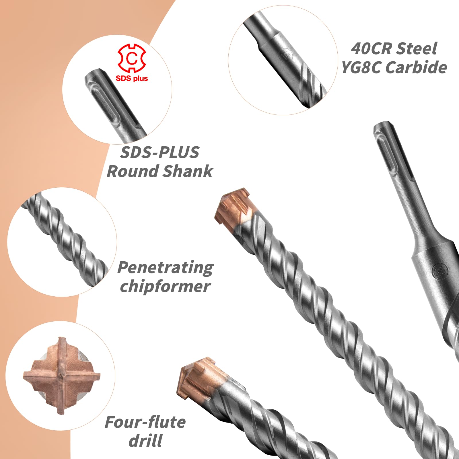 SDS Plus Hammer Drill Bit with 4 Carbide Concrete Drills Cutting Tile Drill Metal Drill Masonry Drill Concrete Drill Hammer Drill Drilling 25 mm x 200 mm for Concrete Brick Wall Gifts for Men - Image 3