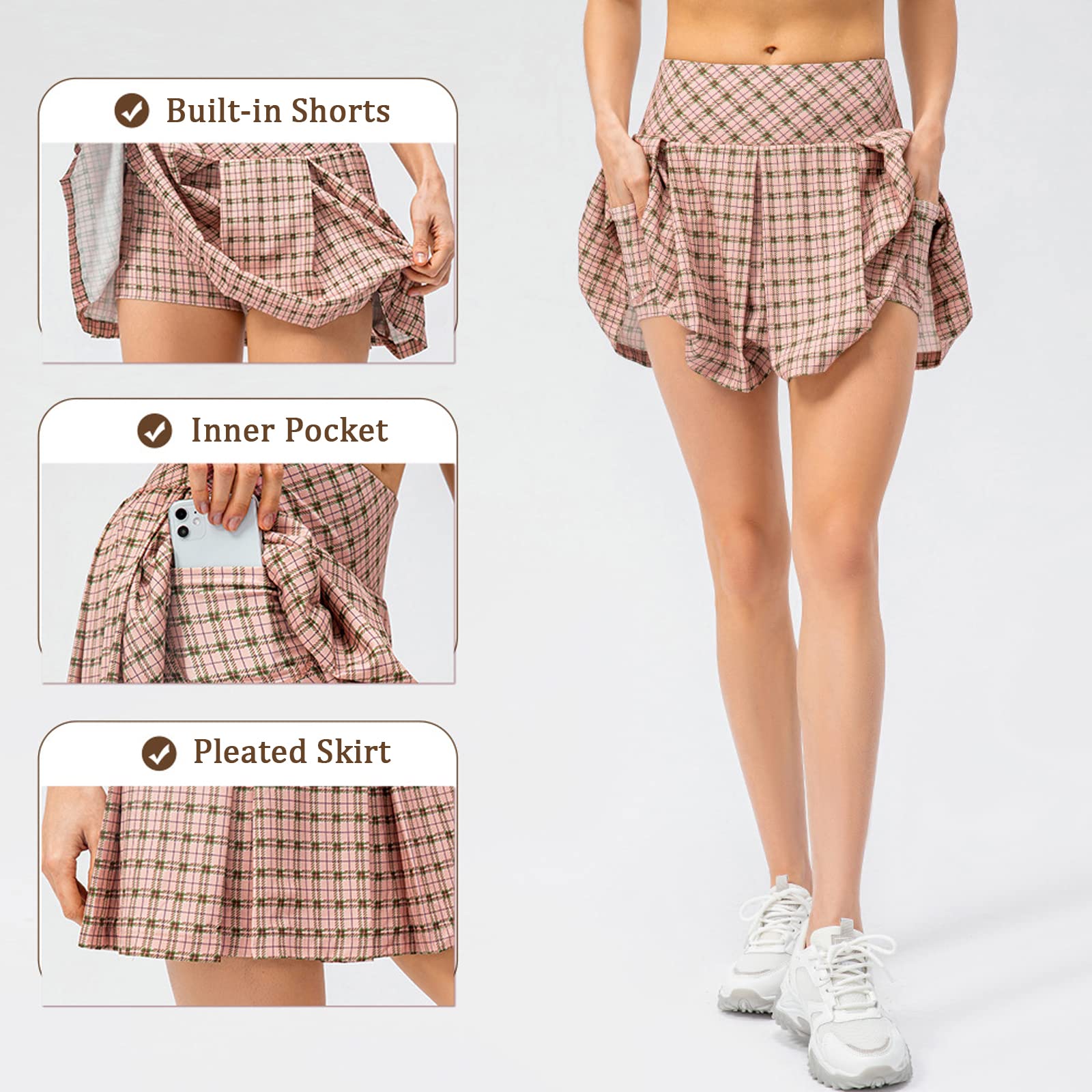 Tennisrock Damen Tennis Skort Damen, Karierten Rock Sport Skorts Tennisrock Hosenrock Outdoor Sommerrock mit Tasche & Innenhose
