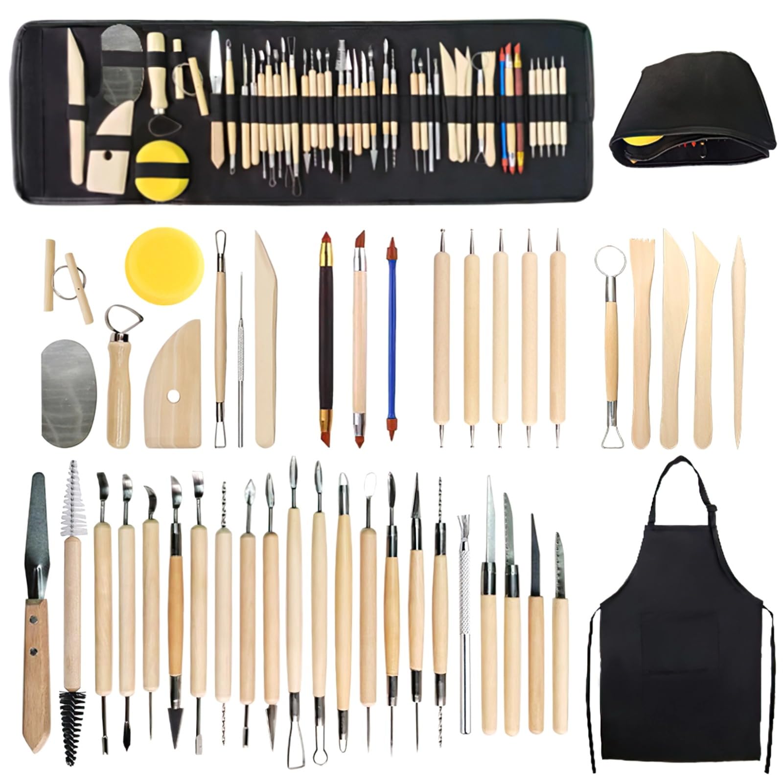 Lot de 45 outils de poterie double face avec tablier et sac