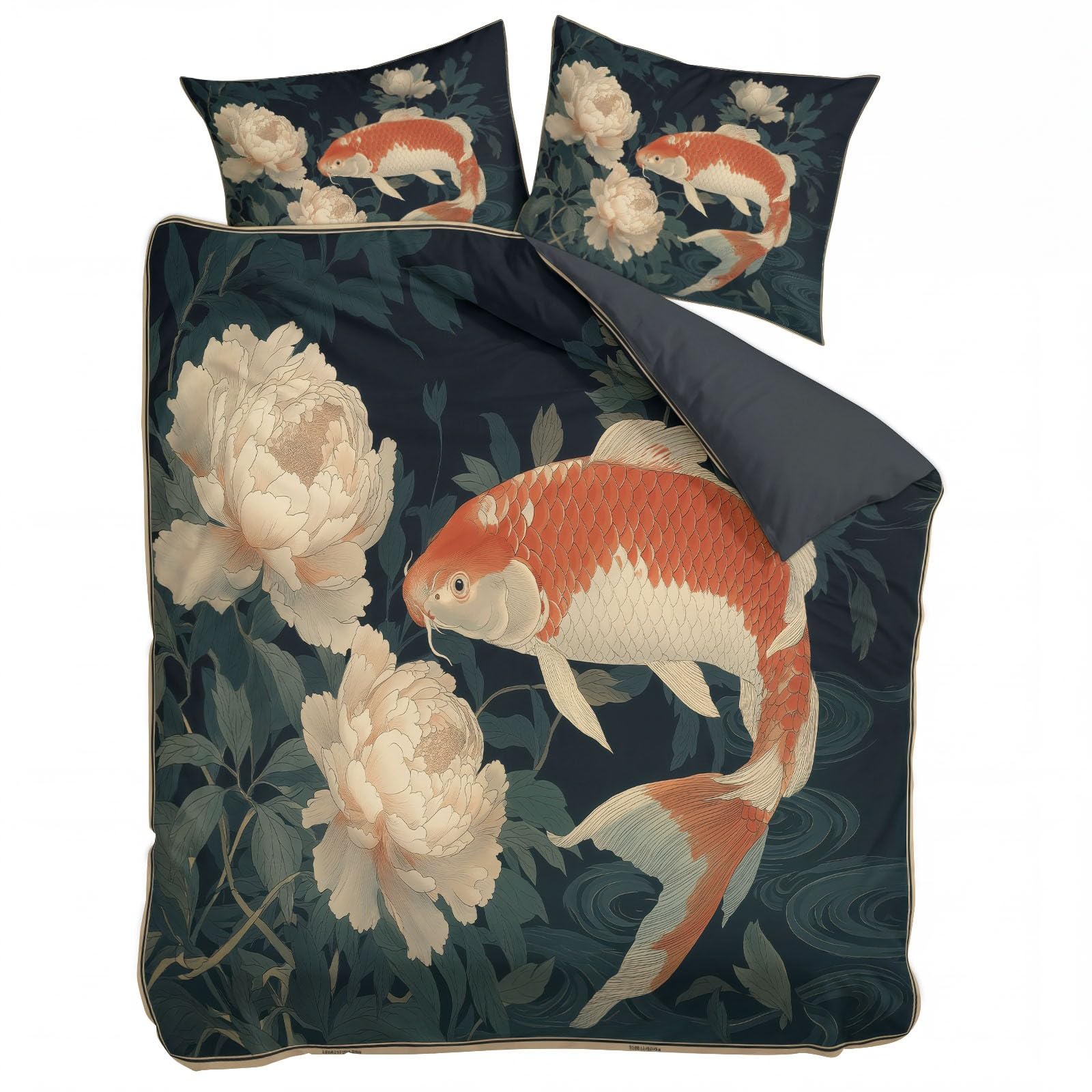 Koi pościel z motywem piwonii 200 x 220 cm, poszewka na kołdrę z zamkiem błyskawicznym, zestaw pościeli dwustronnej z mikrofibry, oddychająca, z zamkiem błyskawicznym i poszewką na poduszkę 80 x 80 cm