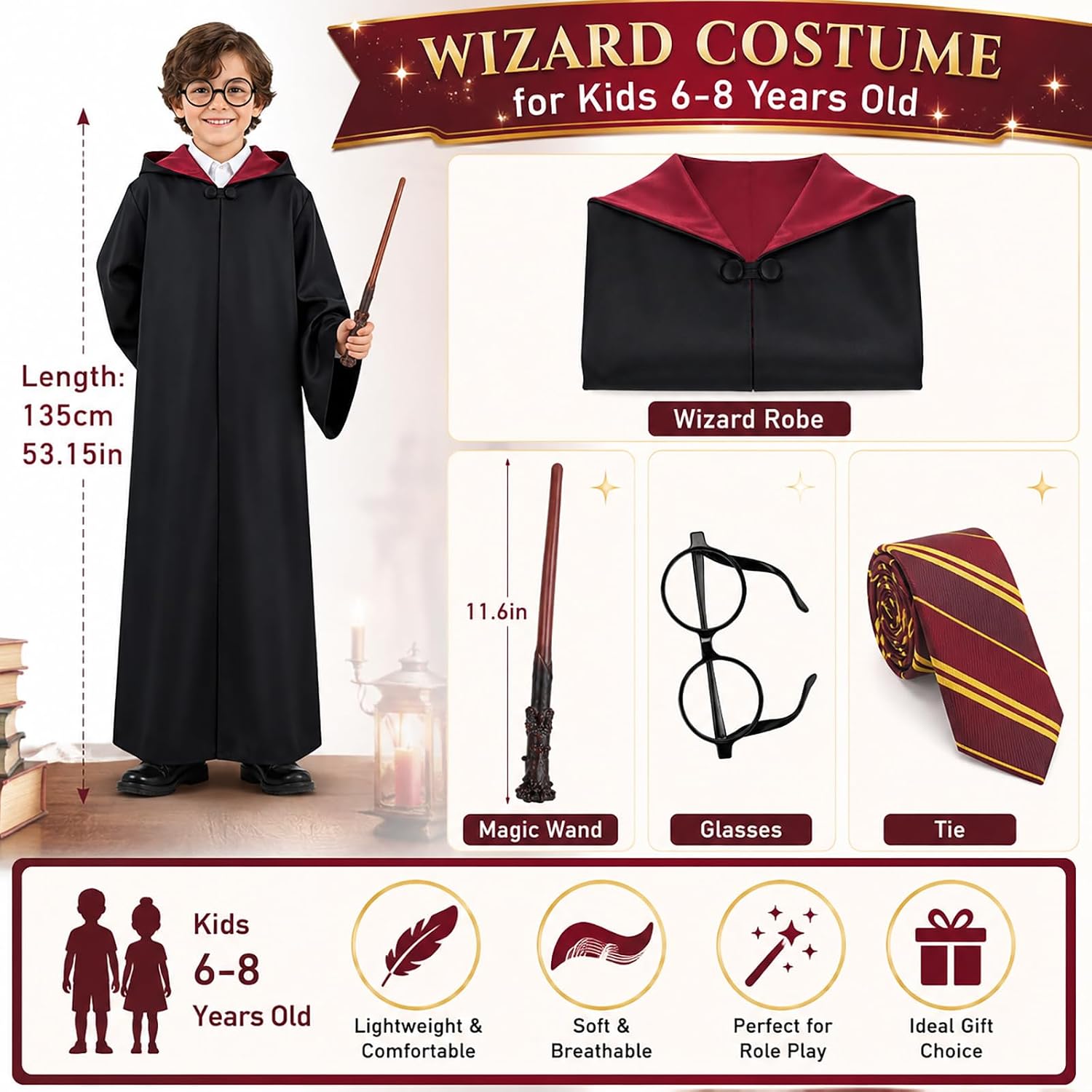 Wizard Costume Accessories Set with Robe,Magic Wand for Kids Adults Girls Boys Halloween Dress-up Party Cosplay