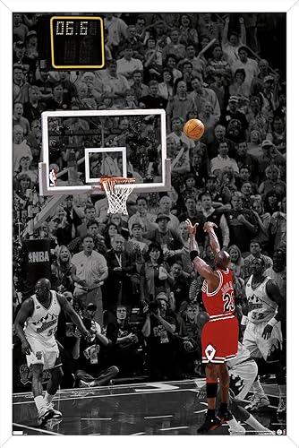 Trends International Michael Jordan - Póster de pared The Shot, 34 pulgadas de largo x 22.4 pulgadas, versión enmarcada en blanco