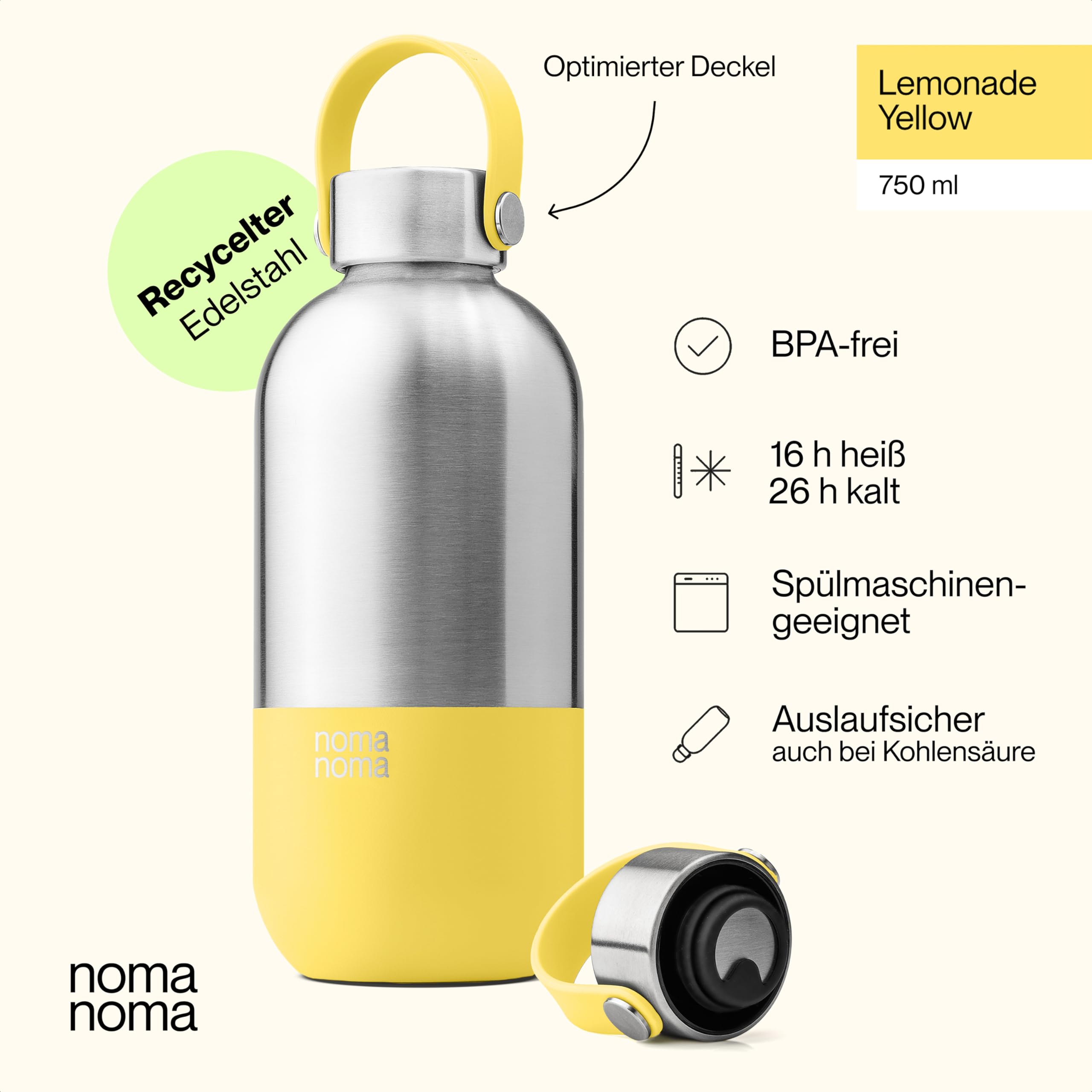 Botella de Acero Inoxidable “Botella Aislante” 750 ml Termo hermético Botella Aislante de 500 ml, 750 ml y 1 litro para dióxido de Carbono climáticamente Neutro y sin BPA Amarillo Limonada