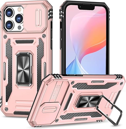 Miniatura 7 de Funda para iPhone 13, funda para iPhone 13 con cubierta deslizante para cámara, con soporte para anillo de dedo, soporte magnético para automóvil,