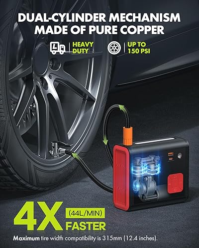 Miniatura 4 de Anykit Inflador de neumáticos inalámbrico portátil resistente, compresor de aire de doble cilindro, bomba de aire para camiones inflado 4 veces más
