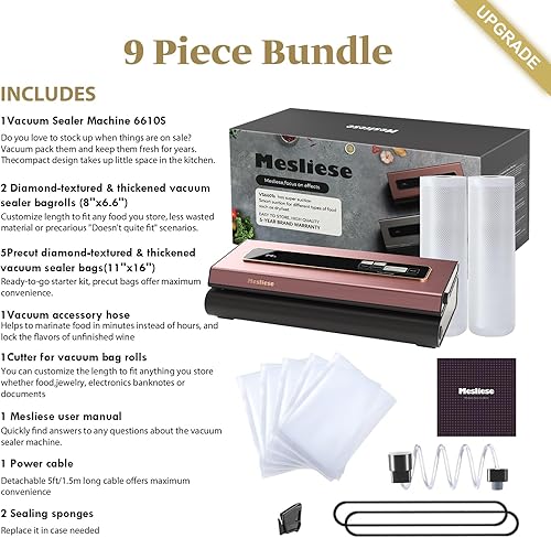 Miniatura 5 de Mesliese Máquina selladora al vacío, potente precisión de 90 Kpa, sistema compacto de conservación de alimentos al vacío 6 en 1, cortador integrado,