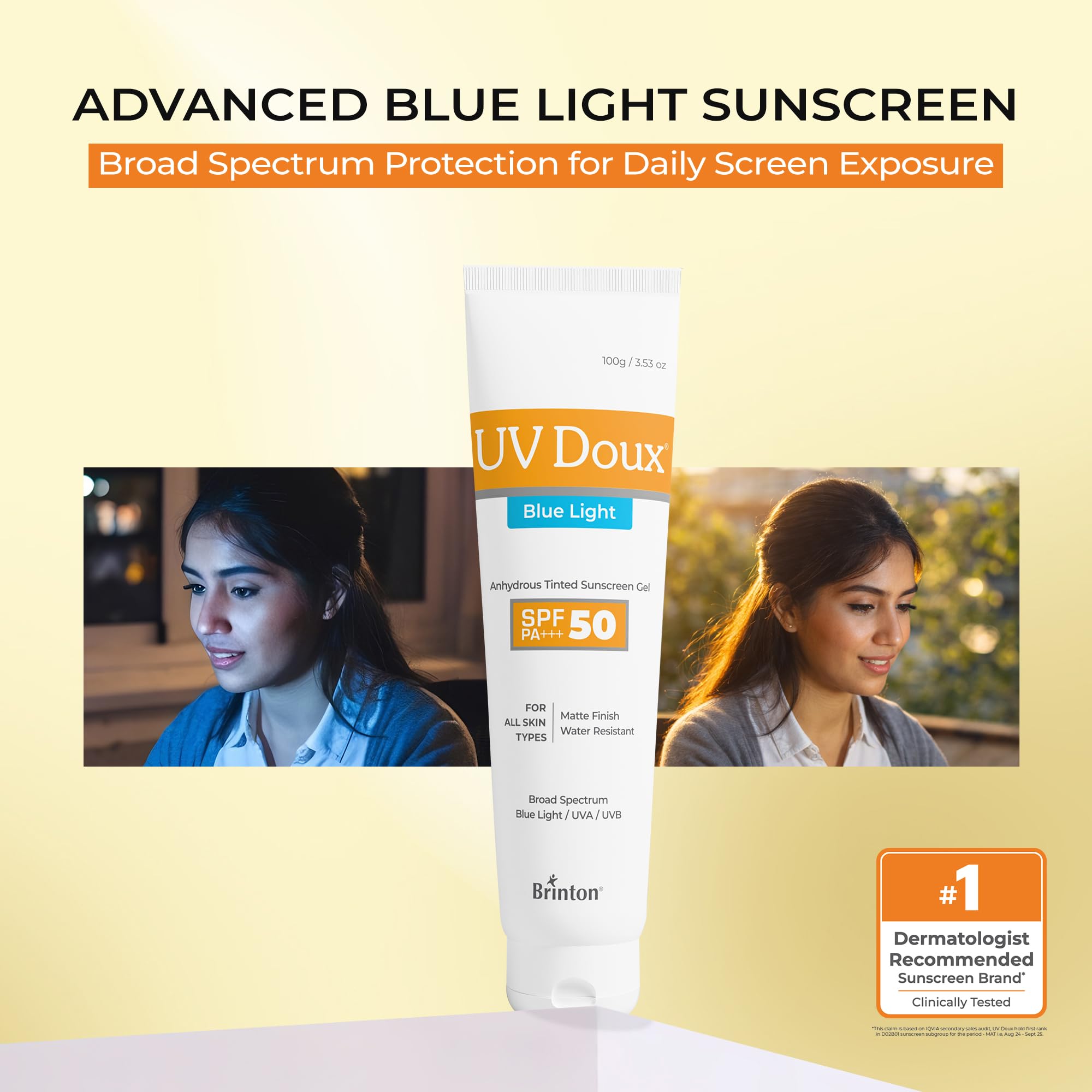 Gel protector solar UV Doux Blue Light SPF 50 PA+++ | Tintado, ligero, resistente al agua | Acabado mate | Protección UVA/UVB y luz azul | Para pieles grasas, sensibles y propensas al acné para