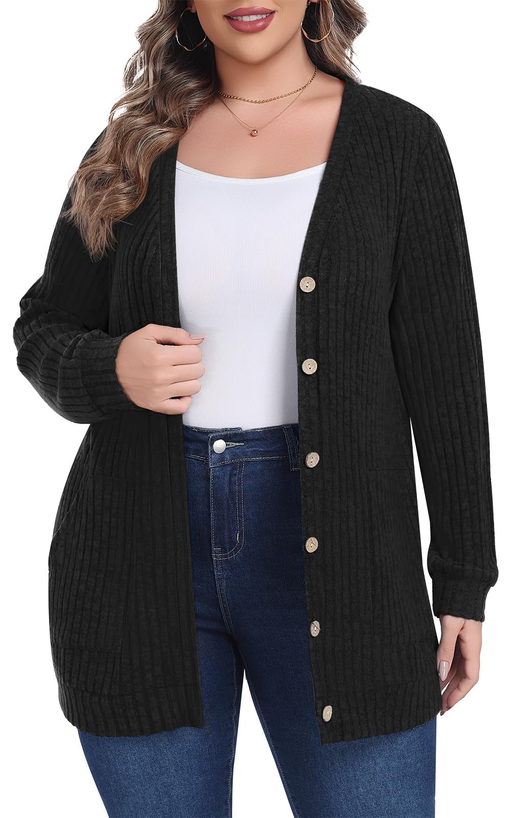 Lastshe Womens Plus Size Cardigan Sweaters Button Down Long Sleeve Fall Cardigans Knit Outwear with Pockets