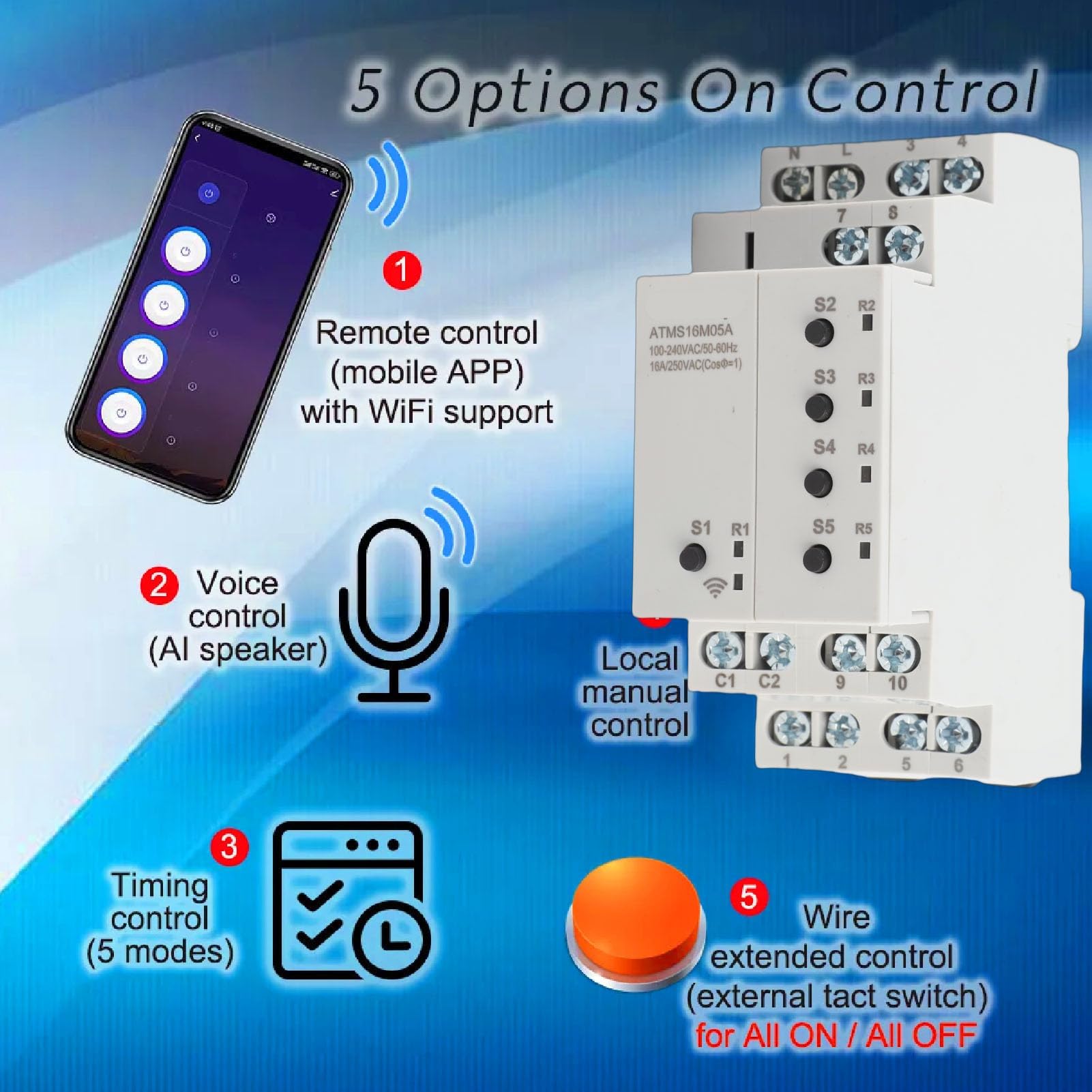 Hyuduo Temporizador WiFi Inteligente 5 Canales con Control Remoto y Programación Flexible, Interruptor Externo para Aplicación Móvil y Voz Sin Conexión Requerida