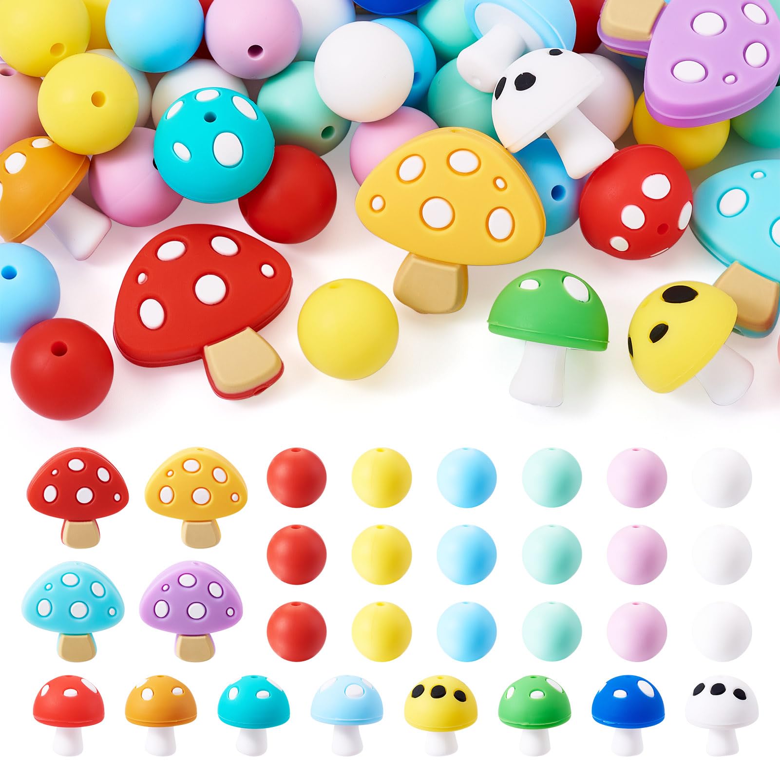 Craftora 42 Pcs Mushroom Silicone Beads Round Focal Beads Colorful Cute Plant Rubber Bead for DIY Craft Beadable Pen Keychain Necklace Jewelry Making โ image 1