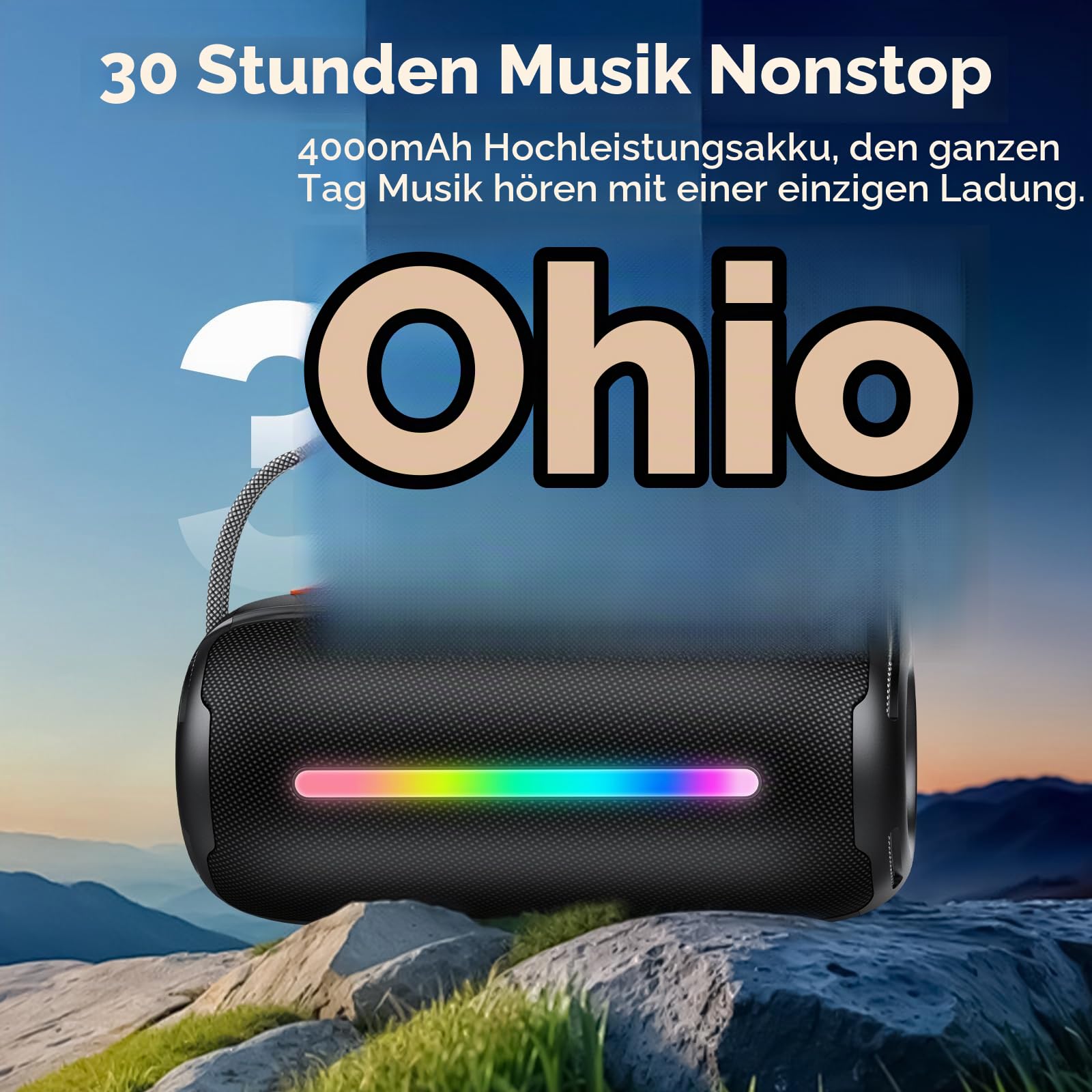 Tragbarer Bluetooth Lautsprecher mit Griff, 40W Leistungsstarker Musikbox mit Dualen Bass-Treibern, BT5.4/IPX7 Wasserdicht/30H Akku, TWS Kopplung/AUX/TF, Kabelloser Speaker für Party/Outdoor/Reisen