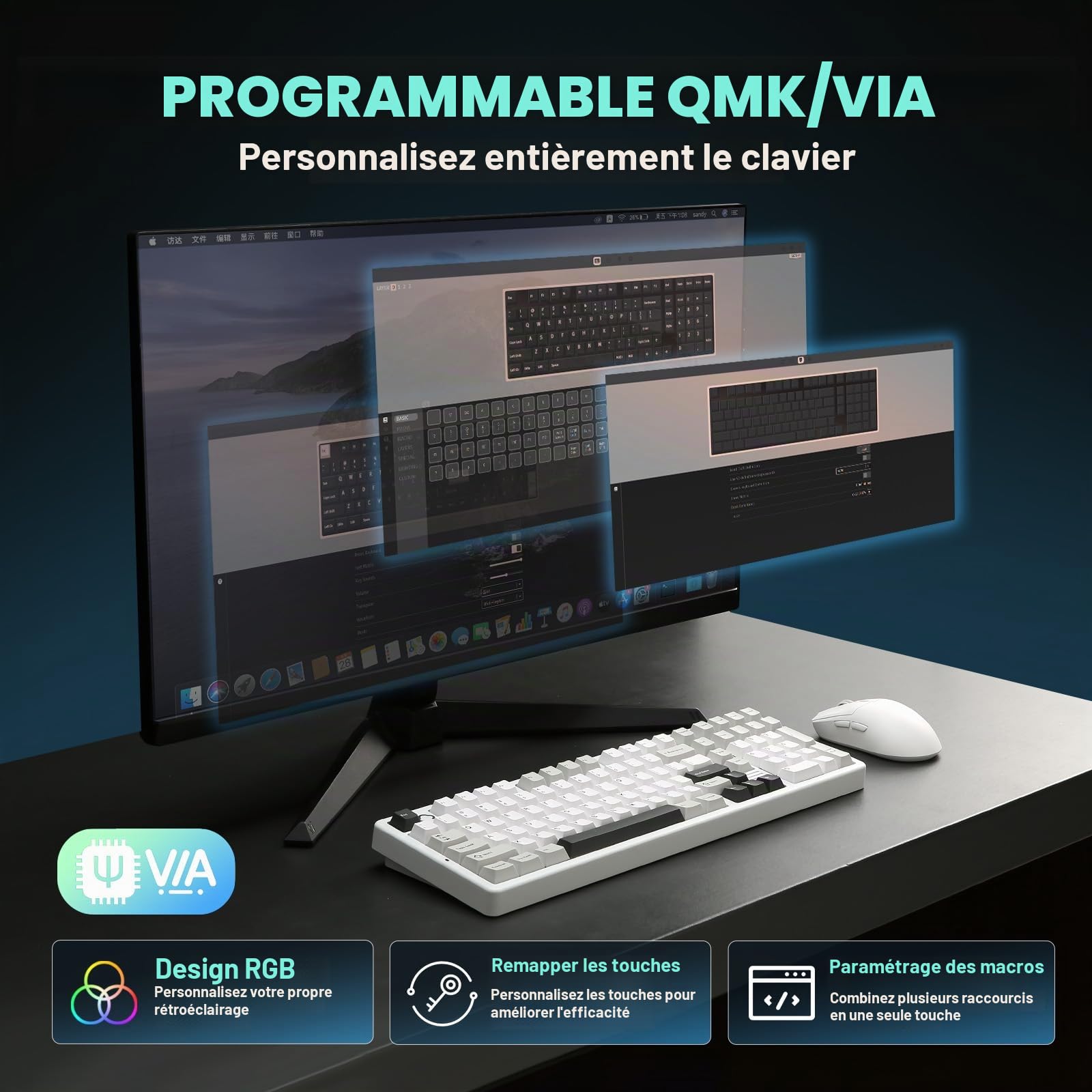 YUNZII AL98 Clavier Mécanique Gamer sans Fil en Alu (Blanc, Milk V2)