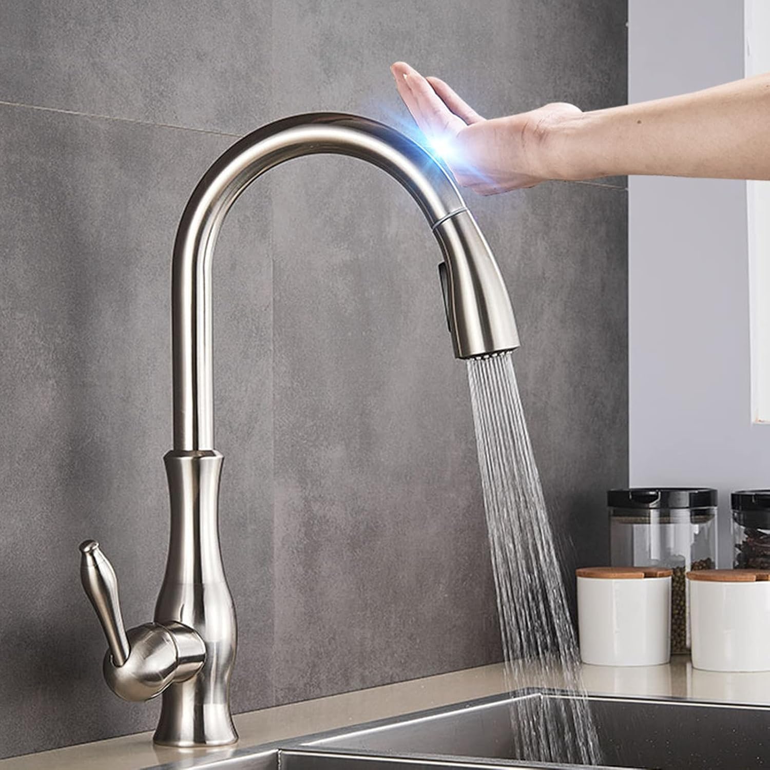Xazlbiw A Golden Smart Touch On Kitchen Faucet Sensor 360 Rotation Pull Out Single Handle Mixer Tap Two Water Modes Sink Crane Hot Cold