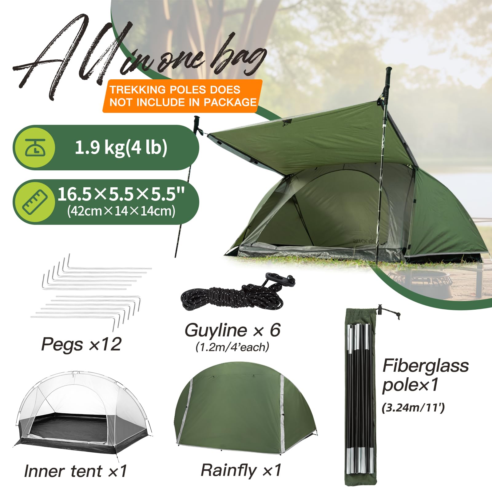 Tenda Campeggio, Tenda a Cupola per 1-2 Persone, Antivento e Impermeabile, Facile da Montare, Perfetta per Campeggio, Trekking, Escursioni con Zaino in Spalla e Alpinismo