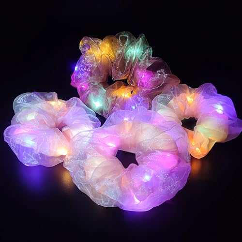Light Up Scrunchies - LED Scrunchie for Women & Girls - Neon, Glow in the Dark Hair Accessories - Hair Ties & Bands -Halloween Gifts - Rave Party Favors & Supplies (4pcs)