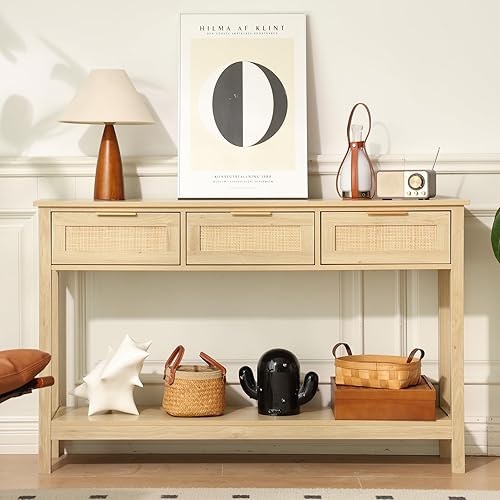 LAZZO Mesa consola de 51 pulgadas mesa de sofá de grano de roble con marco de madera mesa rústica de pasillo con 3 cajones de almacenamiento de