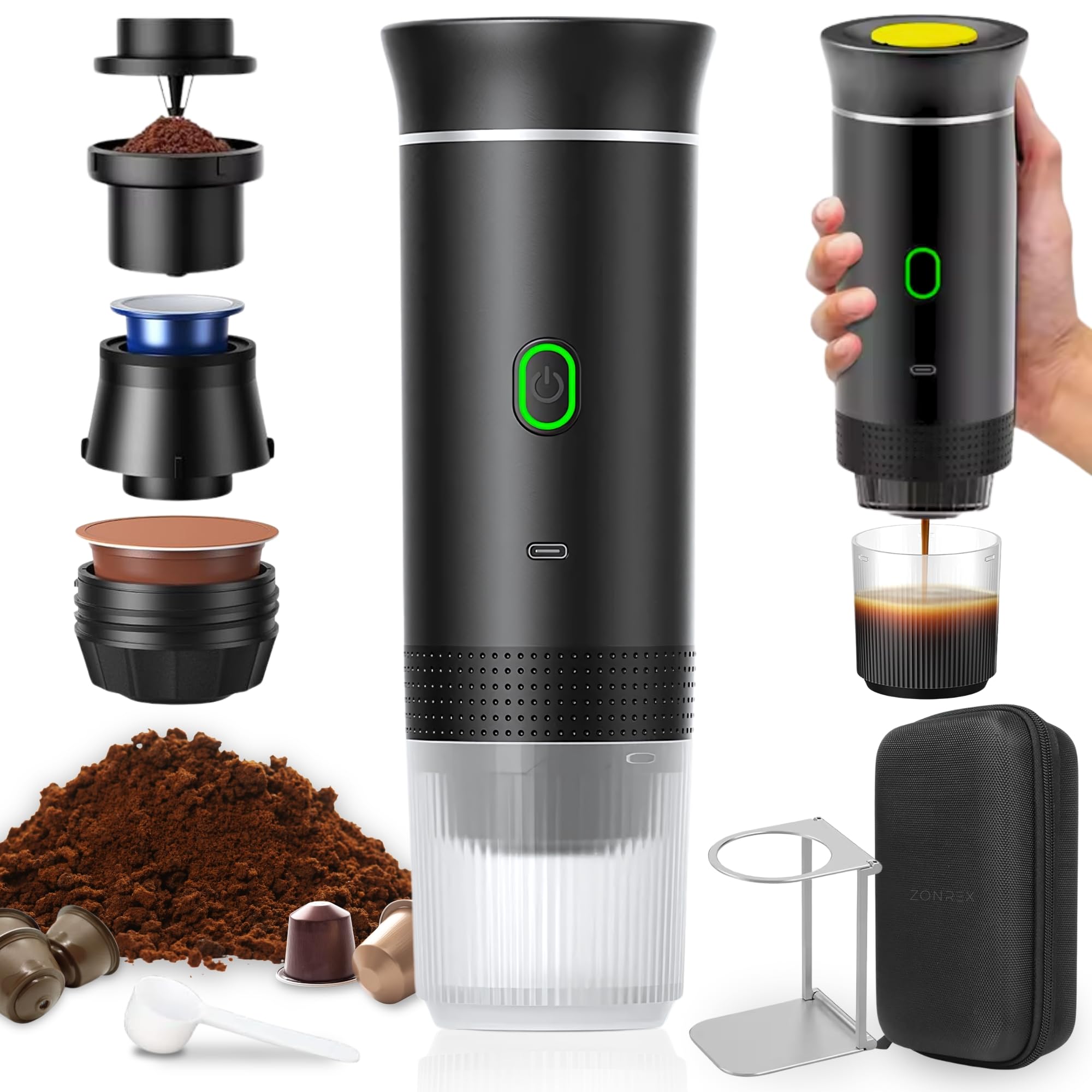 Cafetera portatil 3 en 1 | Mini cafetera portátil de espresso y capsulas | Cafetera para camping USB-C recargable | Máquina de café portátil para cápsulas pequeñas, grandes y café molido - 60 ml