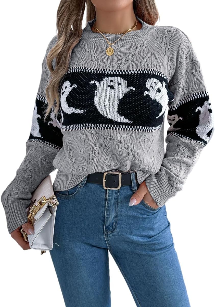 Women's Halloween Pumpkin Sweater Cute Crewneck Knitted Long Sleeve Pullover Tops Fall Winter Fashion Clothes