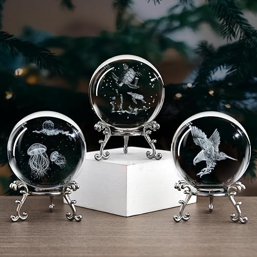 Miniatura 5 de Bola de cristal de medusa con soporte, esfera de vidrio grabada con láser 3D, bolas decorativas, pisapapeles, regalos para mujeres, mamá, niños
