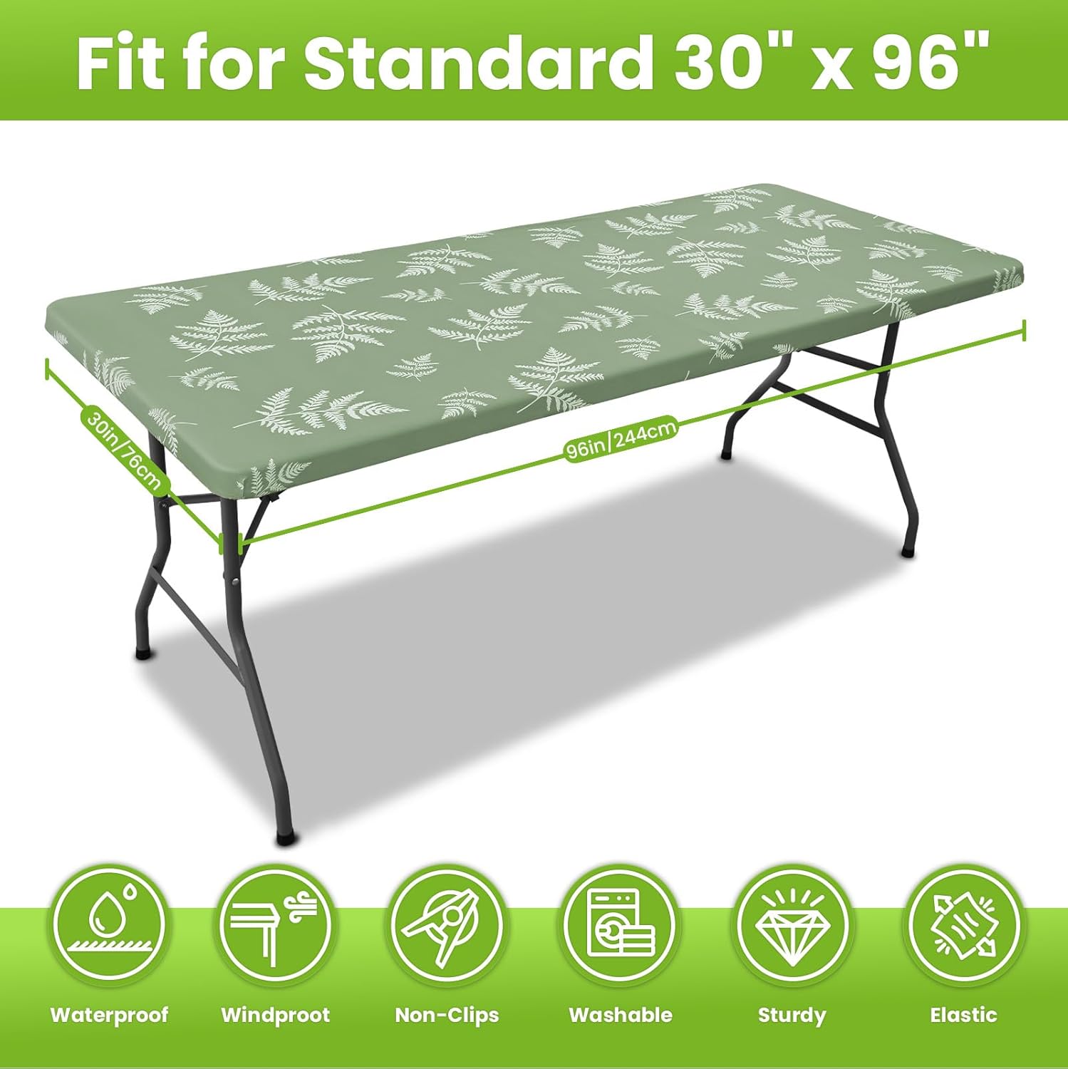 Smiry Spandex Fitted Tablecloth for 8 Foot Rectangle Tables, Washable Picnic Table Cover with Elastic, Stretch Reusable Table Cloth for Outdoor, Camping, Dining & Kitchen (Mint Leaf, 30"x96")