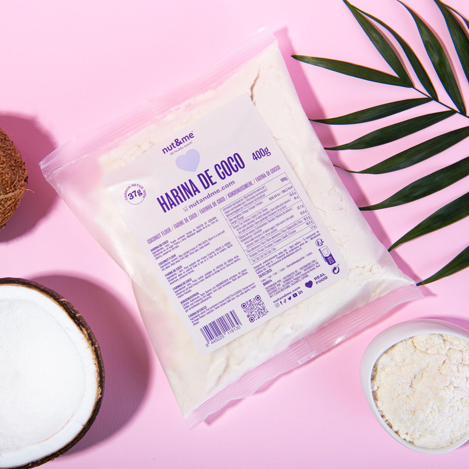 Farine de Noix de Coco 1,2 Kg nut&me | sain - sans gluten, sans additifs | Keto | végétalienne | Pâtisserie | Pack 3 x 400 g