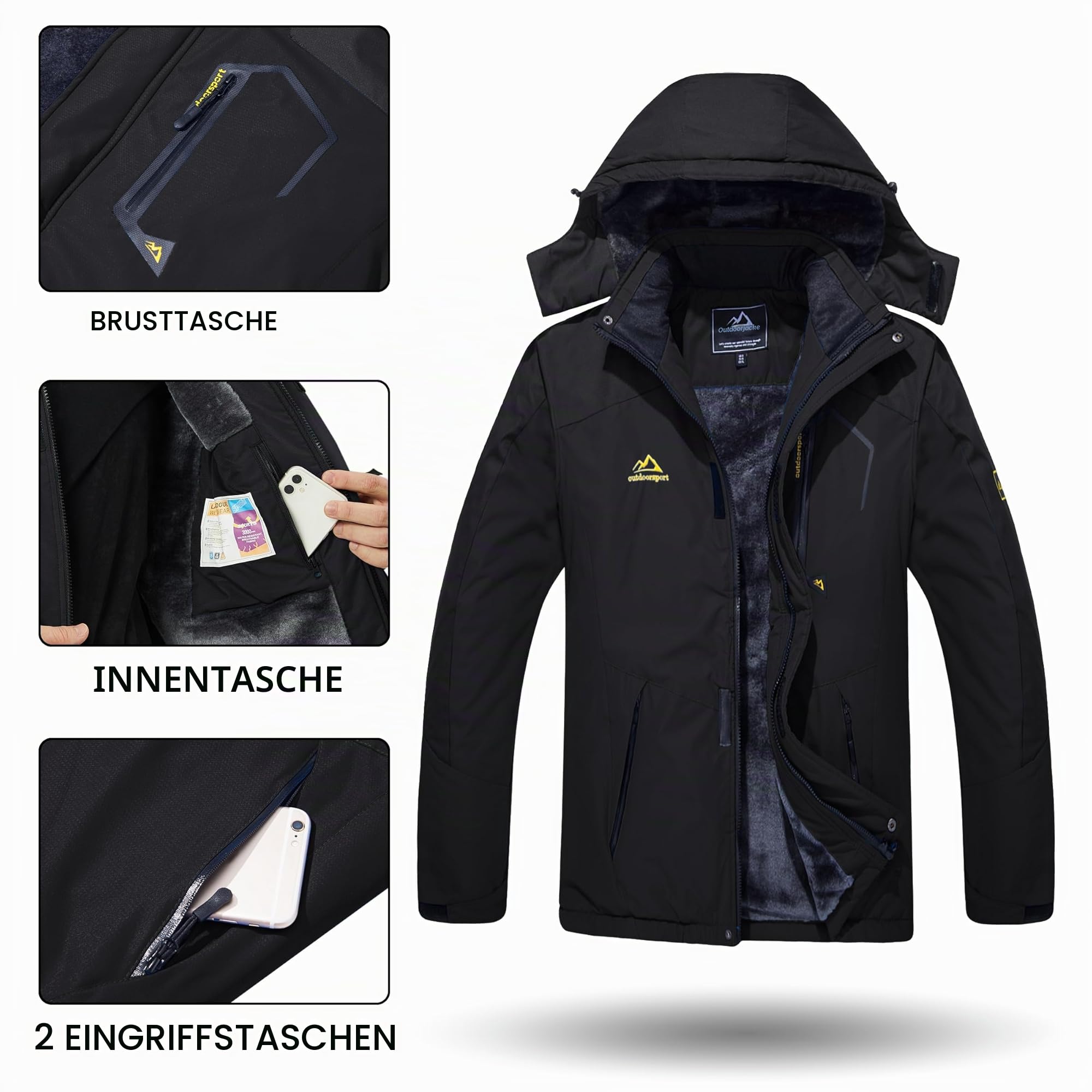 TACVASEN Herren Winterjacke Wasserdicht Winddichte Fleece-Futter Ski Regenmantel mit Kapuze