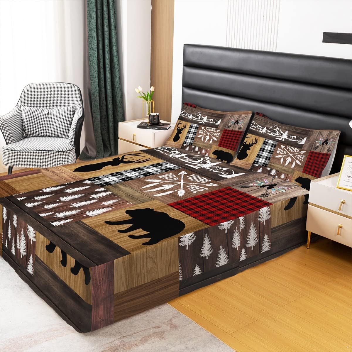 Retro Cabin Bed Skirt with Split Corners, Rustic Adventure Bear Deer Bed Skirts Hunting Wildlife Wild Animal Bedskirt Plaid Lodge Farmhouse Bedding Western Country Decor + 2 Pillow Cases, Queen Size
