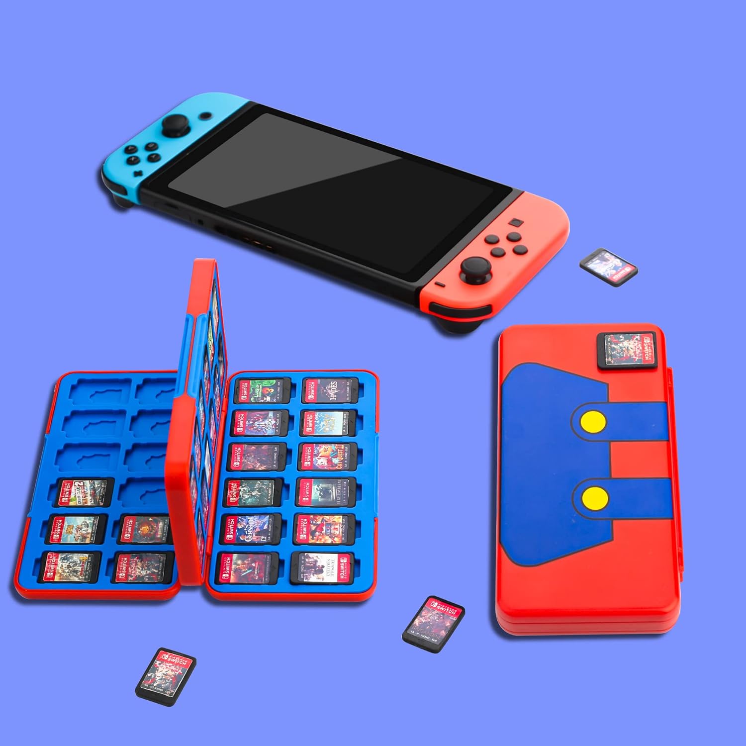 RHOTALL Game Card Case for Nintendo Switch/OLED/Lite/2 , Storage Card Box with 48 Game Cards Cartridge and 24 SD Cards Slots, Switch Games Holder with Magnetic Design - for red and blue