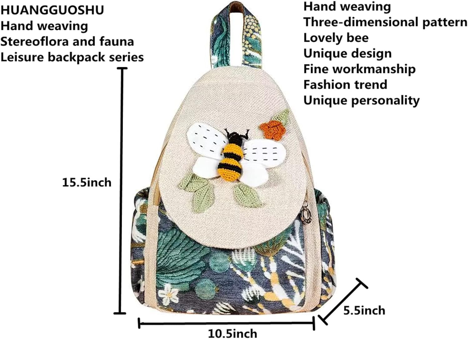 HUANGGUOSHU Boho and Bohemian Small Canvas Backpack Purse for Women - Adjustable Carry Sling Bag, Embroidered and Woven Tapestry Patterns Bee - Image 7
