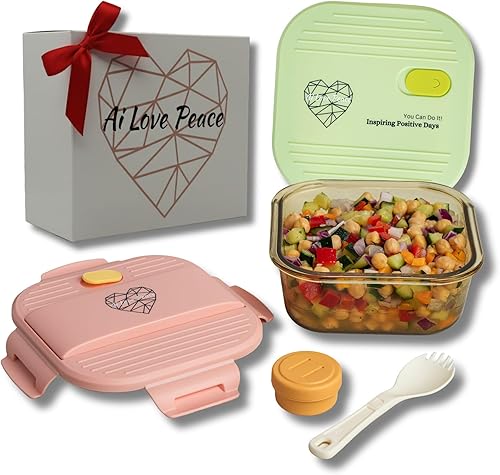 Ai Love Peace Recipiente de sopa con tapas dobles, lonchera de vidrio borosilicato de 26 onzas  Tapa a prueba de fugas + tapa de congelador segura