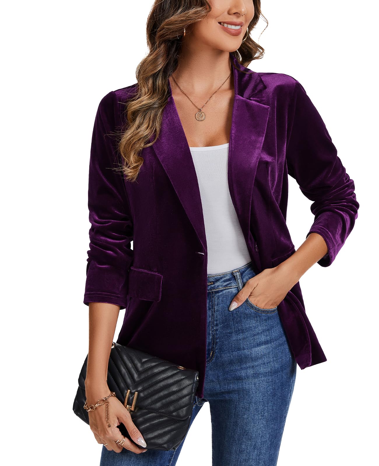 Womens Velvet Suit Blazer Jacket Casual Office Work Long Sleeve One Button Jacket Coat Blazer Pockets