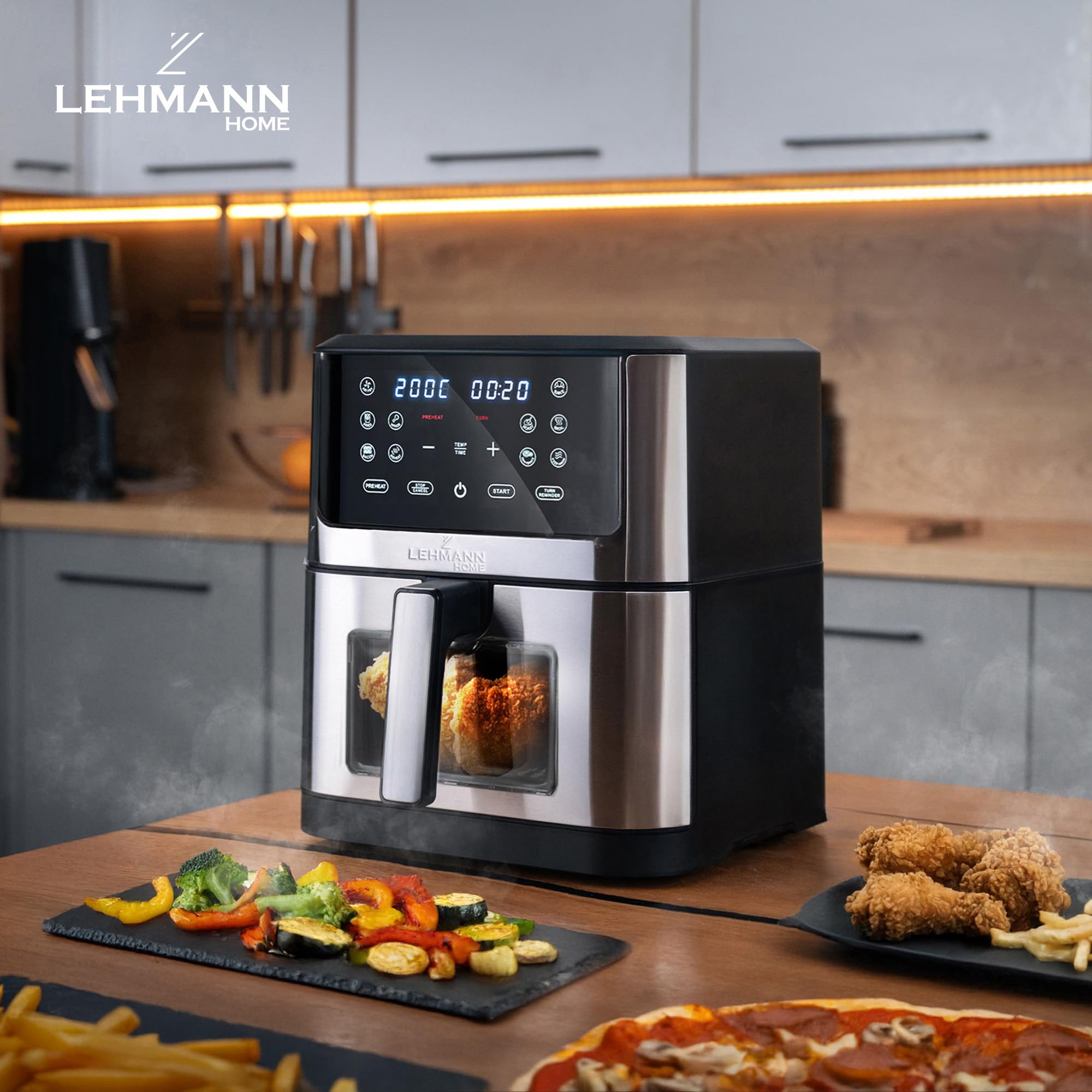 LEHMANN Air Fryer 8L avec Compartiment Flexible Dual Zone, Fenêtre, 12 programmes, Réglage Température 76-200°C, Écran Tactile LED, Revêtement Antiadhésif, 90% de Matières Grasses en Moins