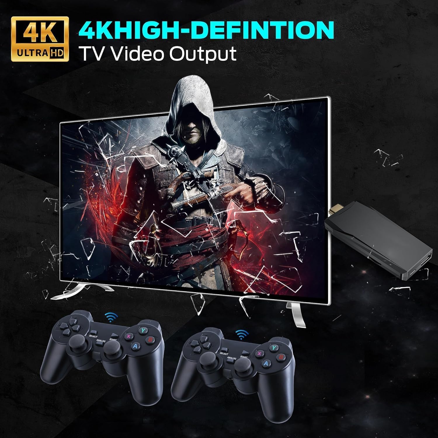 Wireless Retro Game Console, Retro Gaming Console with Built-in 9 Emulators, 25100+Games, 4K HDMI Output, Dual 2.4GHz Wireless Controller, Plug and Play Video Game Console (Black)