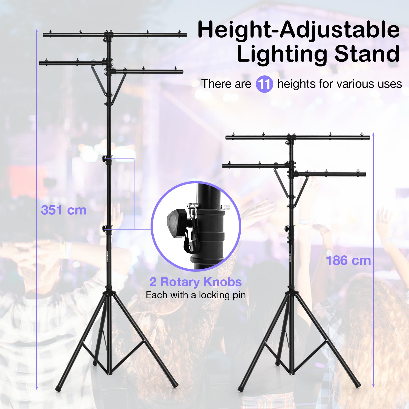 SOARS Stativo Luci DJ, Treppiede Supporto Luce, Altezza Regolabile 186-351 CM, 8 Punti di Fissaggio, Carico Massimo 45 KG, Piedi Stabili, per Concerto, Serata, Bar