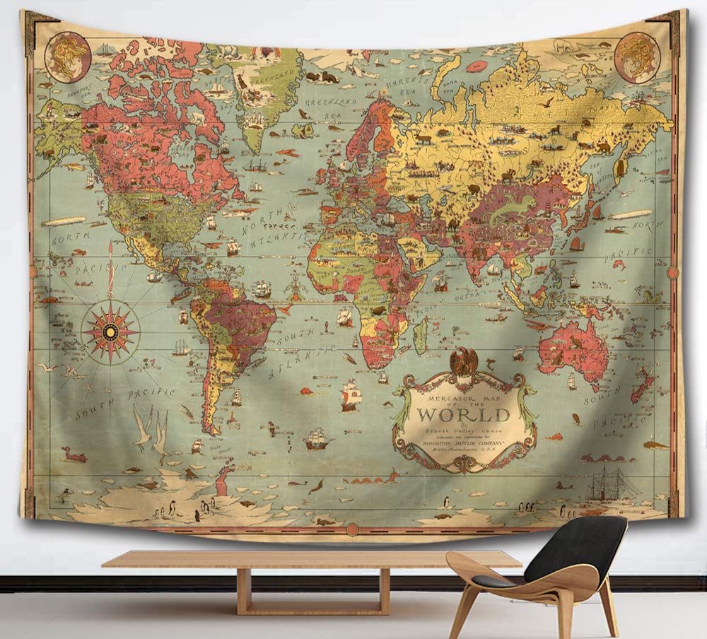 HMWR Old World Map Wall Hanging Tapestry Ancient Art Map of The World Compass Shabby Chic Clear Printing Wall Dorm Decor 60" x 80",Retro